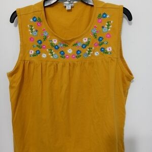 J. Crew Embroidered Floral Deep Yellow Sleeveless 100% Cotton Blouse